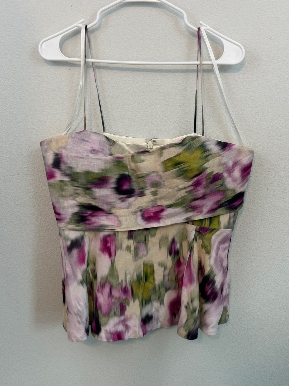 Marchesa NWT  Strapless Floral Peplum Top in Purple, Green, White